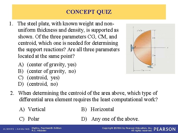 CONCEPT QUIZ 1. The steel plate, with known weight and nonuniform thickness and density,