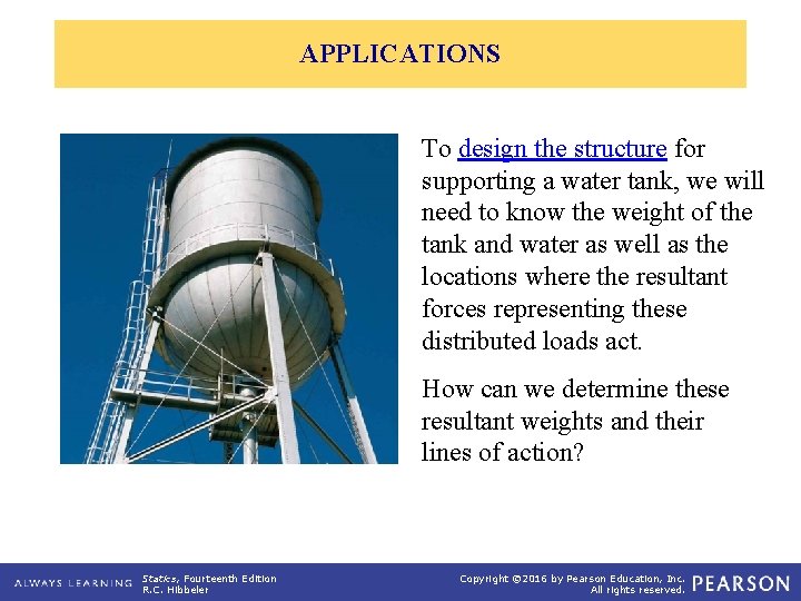 APPLICATIONS To design the structure for supporting a water tank, we will need to