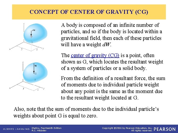 CONCEPT OF CENTER OF GRAVITY (CG) A body is composed of an infinite number