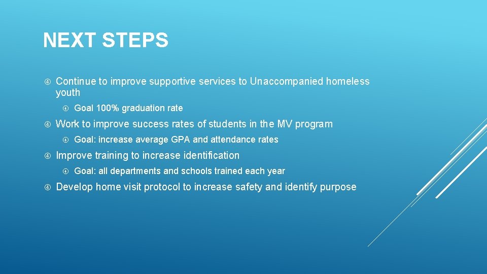 NEXT STEPS Continue to improve supportive services to Unaccompanied homeless youth Work to improve