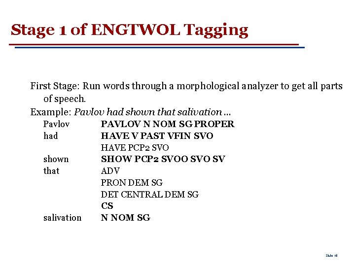 Stage 1 of ENGTWOL Tagging First Stage: Run words through a morphological analyzer to