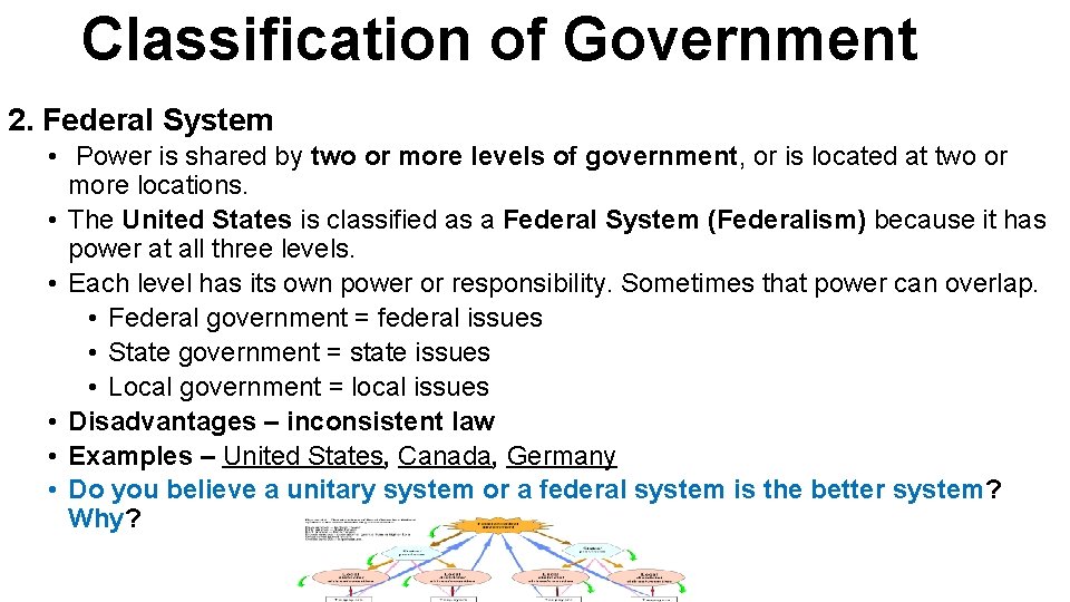 Classification of Government 2. Federal System • Power is shared by two or more