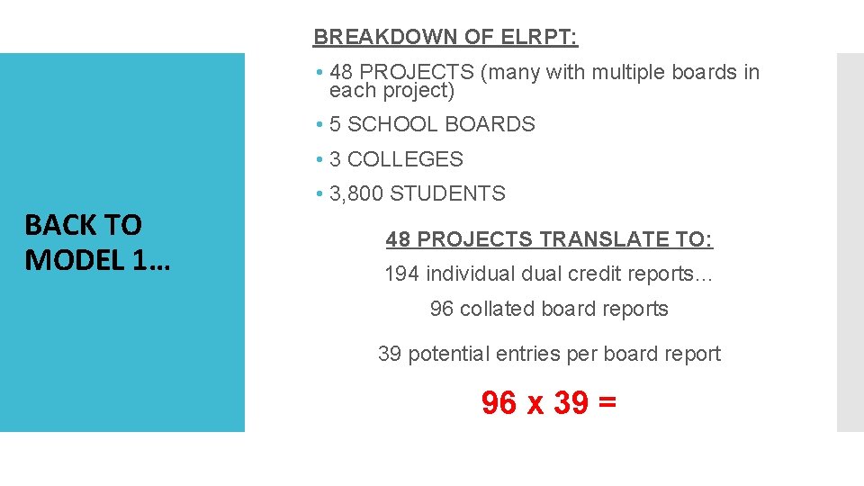 BREAKDOWN OF ELRPT: • 48 PROJECTS (many with multiple boards in each project) •