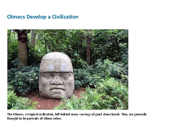 Olmecs Develop a Civilization The Olmecs, a tropical civilization, left behind many carvings of