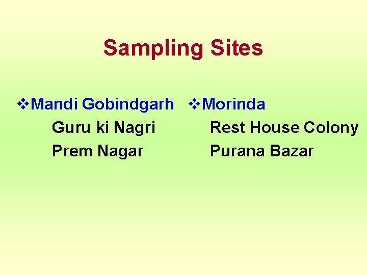 Sampling Sites v. Mandi Gobindgarh v. Morinda Guru ki Nagri Rest House Colony Prem
