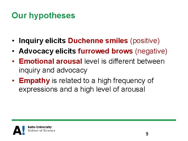 Our hypotheses • Inquiry elicits Duchenne smiles (positive) • Advocacy elicits furrowed brows (negative)