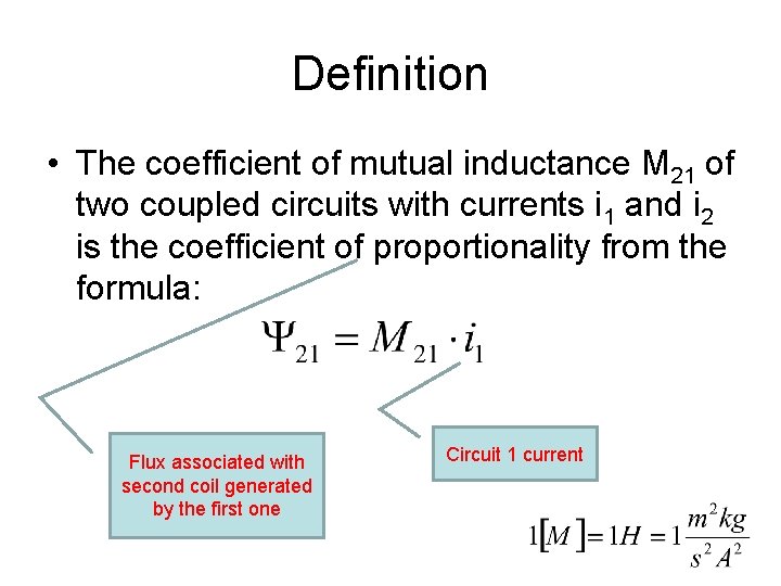 Definition • The coefficient of mutual inductance M 21 of two coupled circuits with