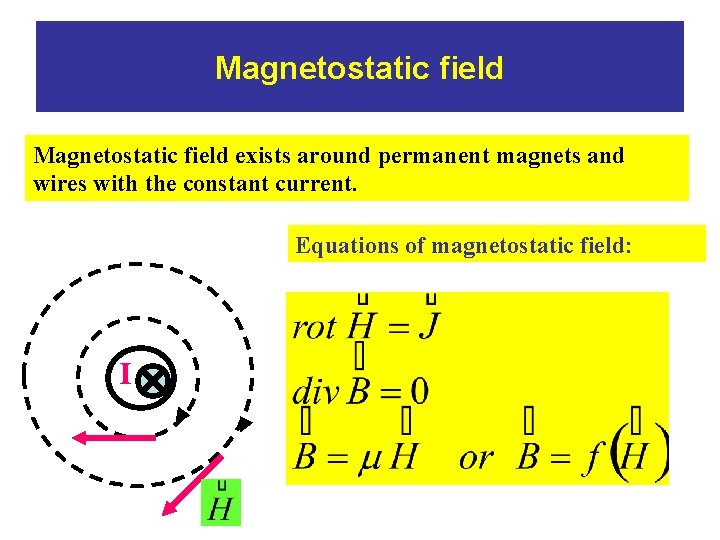 Magnetostatic field exists around permanent magnets and wires with the constant current. Equations of