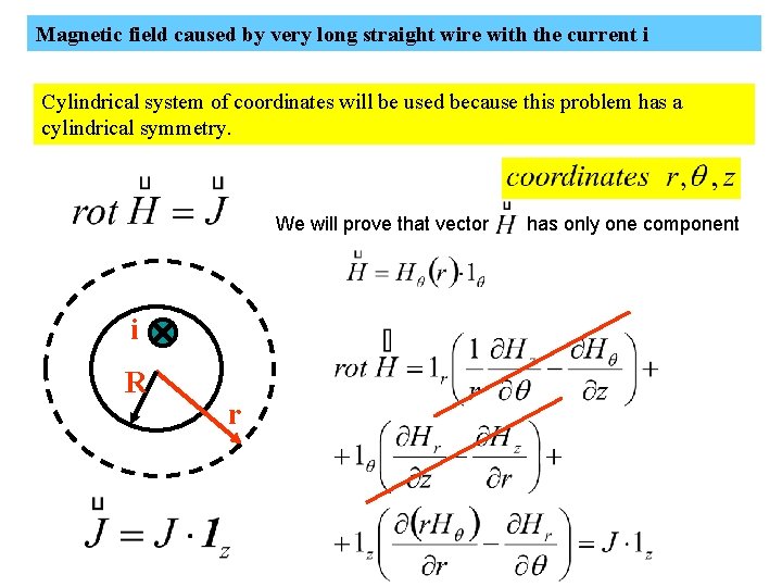 Magnetic field caused by very long straight wire with the current i Cylindrical system