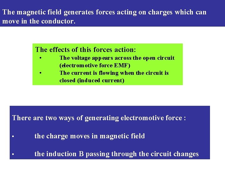 The magnetic field generates forces acting on charges which can move in the conductor.