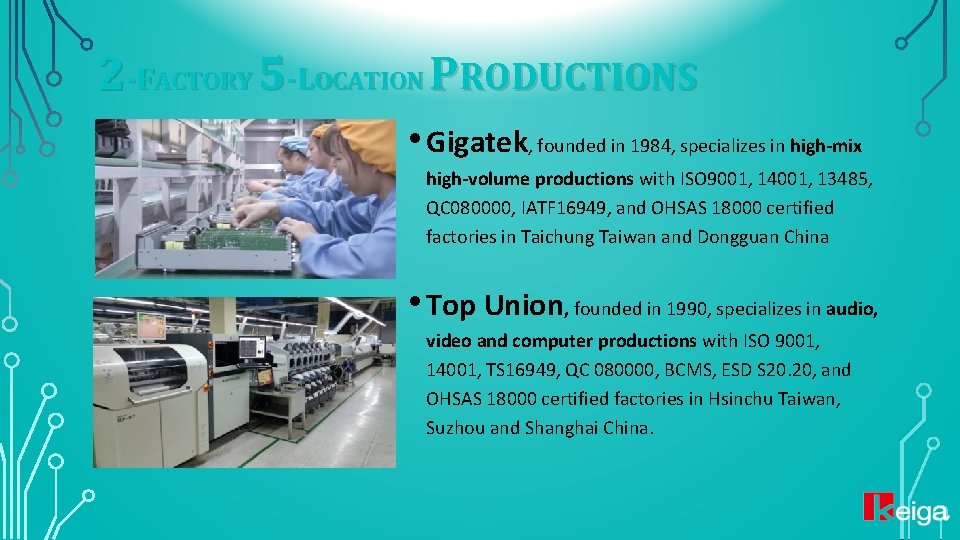 2 -FACTORY 5 -LOCATION PRODUCTIONS • Gigatek, founded in 1984, specializes in high-mix high-volume