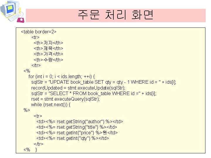 주문 처리 화면 <table border=2> <tr> <th>저자</th> <th>제목</th> <th>가격</th> <th>수량</th> </tr> <% for (int