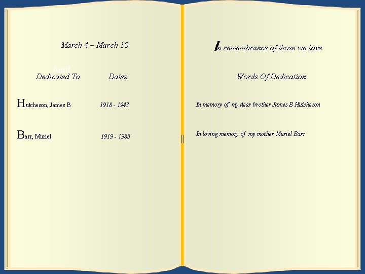 March 11 4 ––March 10 17 April Dedicated To Dates In remembrance of those