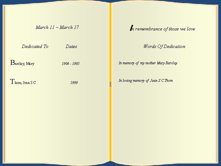 March 11 18 – March 17 24 April Dedicated To Dates Marclay, B c.