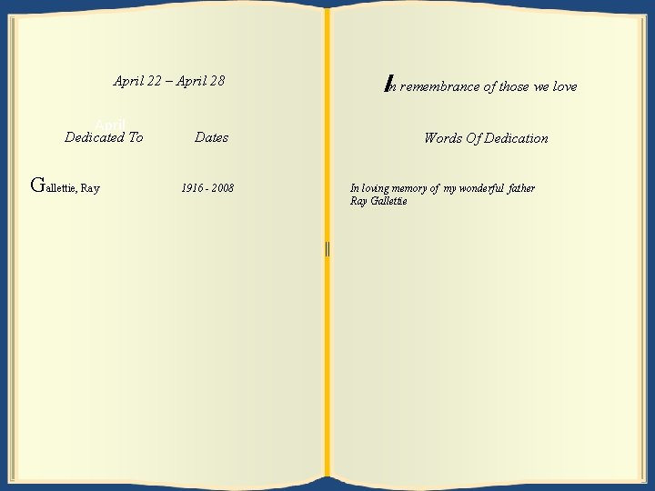 April 22 29––April May 28 5 April Dedicated To Mallettie, G acdonald, Ray. Stuart