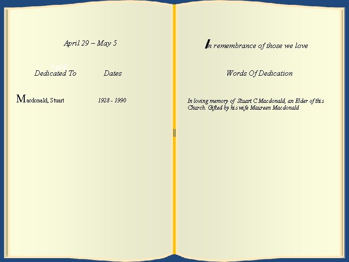 April May 629– –May 125 April Dedicated To Lewis, M acdonald, Williamina Stuart Dates