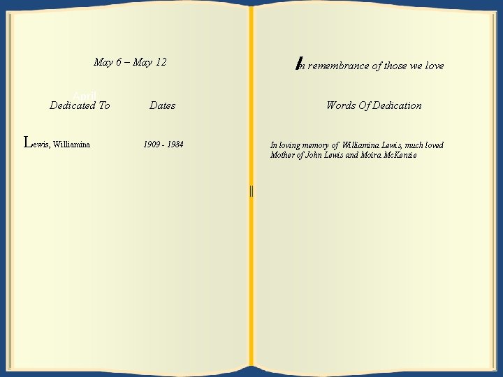 May 13 6 ––May 12 19 April Dedicated To Dates In remembrance of those