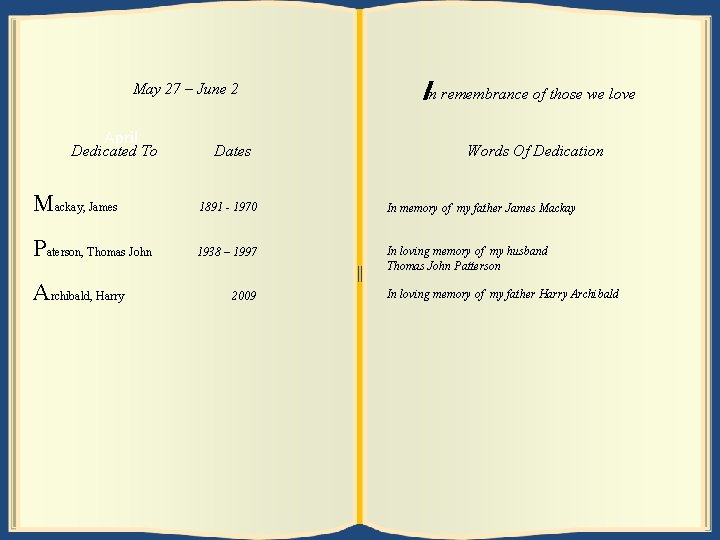 May June 27 3 –– June 92 April Dedicated To Dates In remembrance of