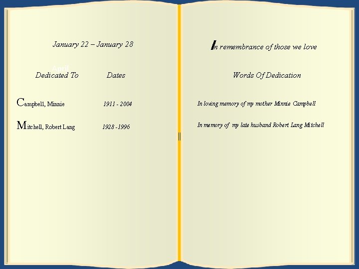 January 29 22 –– February January 28 January 4 April Dedicated To To Dedicated