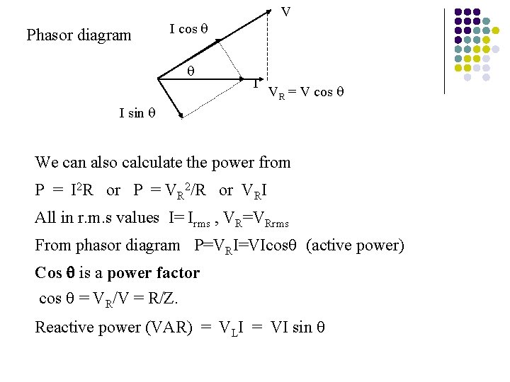 Phasor diagram V I cos I VR = V cos I sin We can