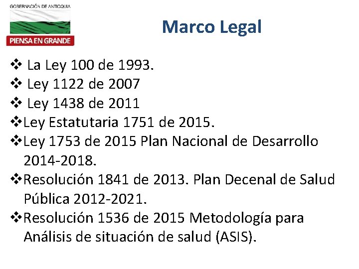 Marco Legal La Ley 100 de 1993. Ley 1122 de 2007 Ley 1438 de