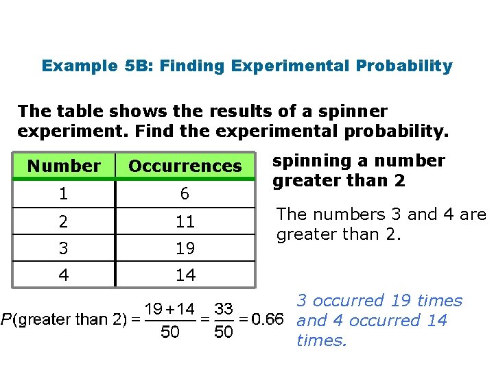 Example 5 B: Finding Experimental Probability The table shows the results of a spinner