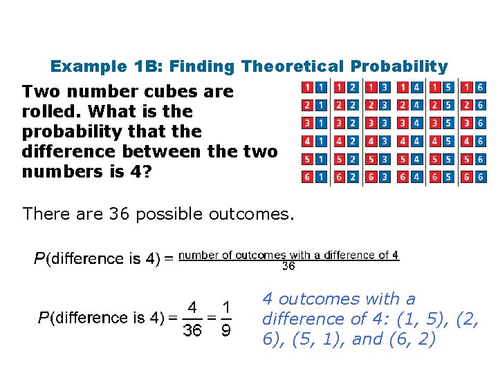 Example 1 B: Finding Theoretical Probability Two number cubes are rolled. What is the