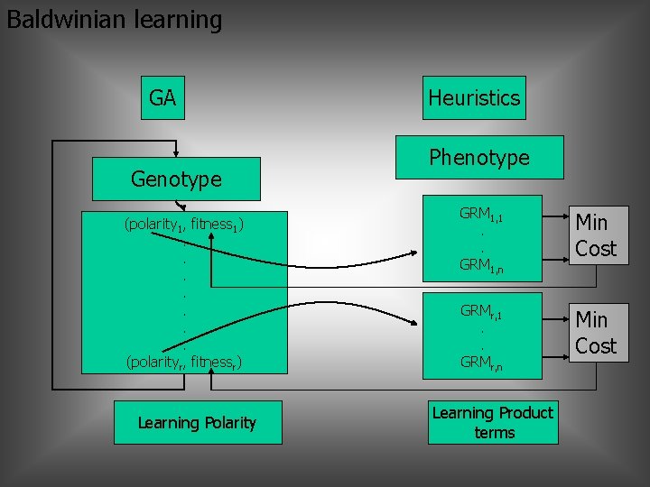 Baldwinian learning GA Genotype (polarity 1, fitness 1). . . . (polarityr, fitnessr) Learning