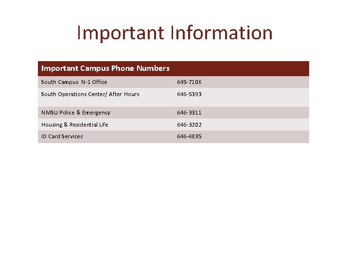 Important Information Important Campus Phone Numbers South Campus N-1 Office 645 -7106 South Operations