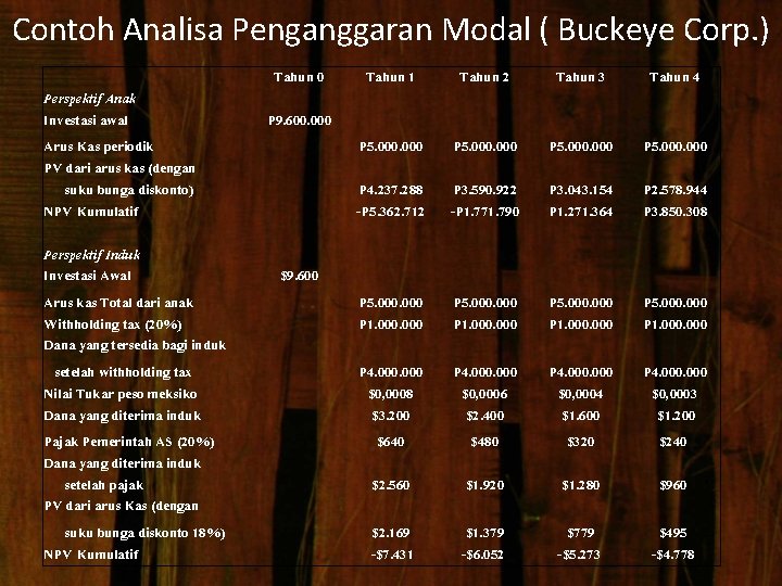 Contoh Analisa Penganggaran Modal ( Buckeye Corp. ) Perspektif Anak Investasi awal Arus Kas