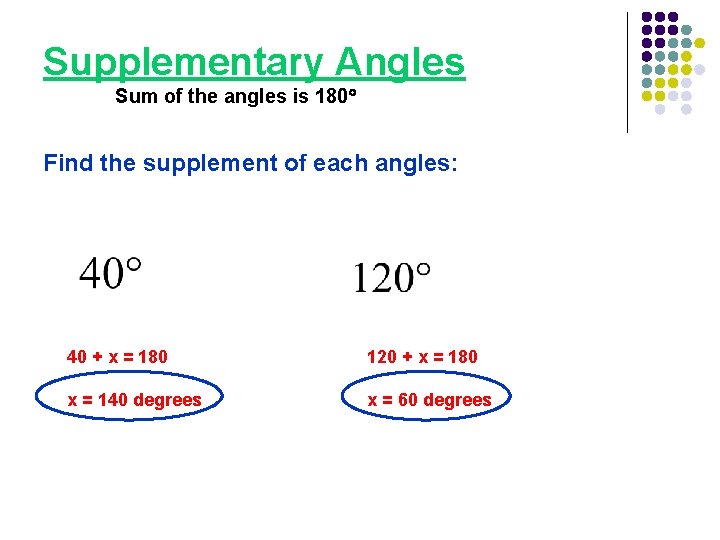 Supplementary Angles Sum of the angles is 180 Find the supplement of each angles: