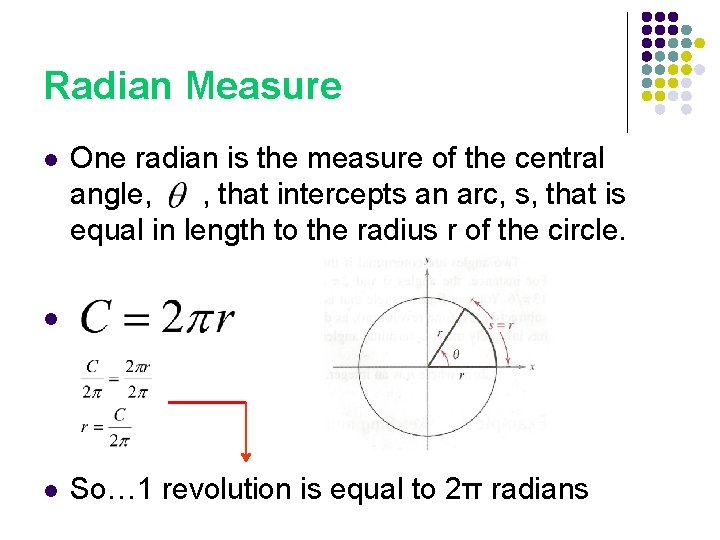 Radian Measure l One radian is the measure of the central angle, , that