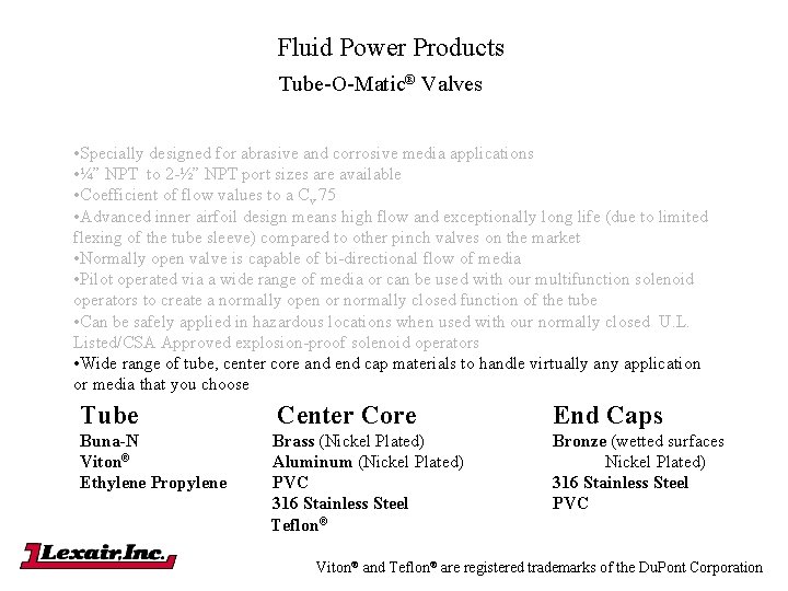 Fluid Power Products Tube-O-Matic® Valves • Specially designed for abrasive and corrosive media applications