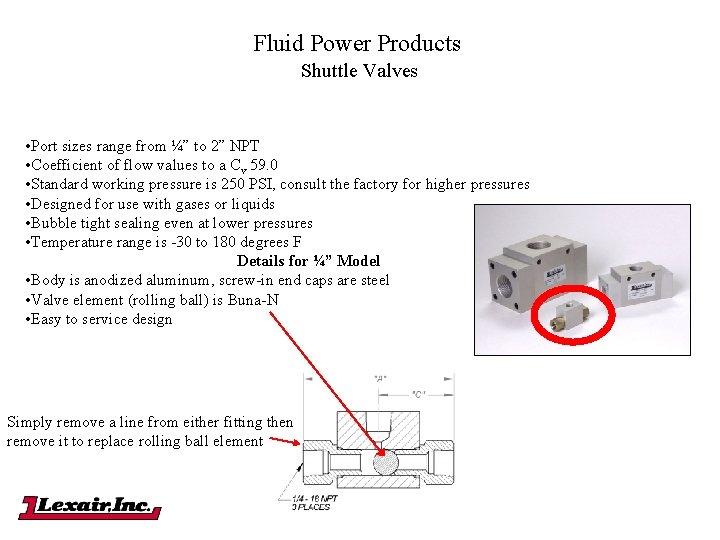 Fluid Power Products Shuttle Valves • Port sizes range from ¼” to 2” NPT