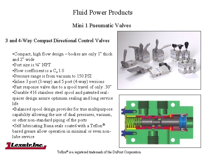 Fluid Power Products Mini 1 Pneumatic Valves 3 and 4 -Way Compact Directional Control