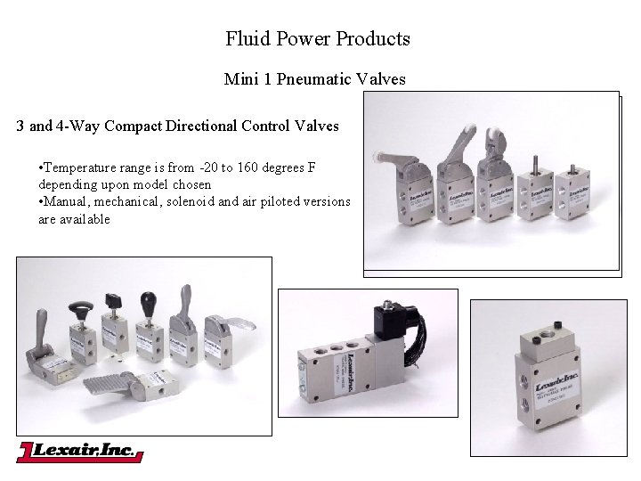 Fluid Power Products Mini 1 Pneumatic Valves 3 and 4 -Way Compact Directional Control