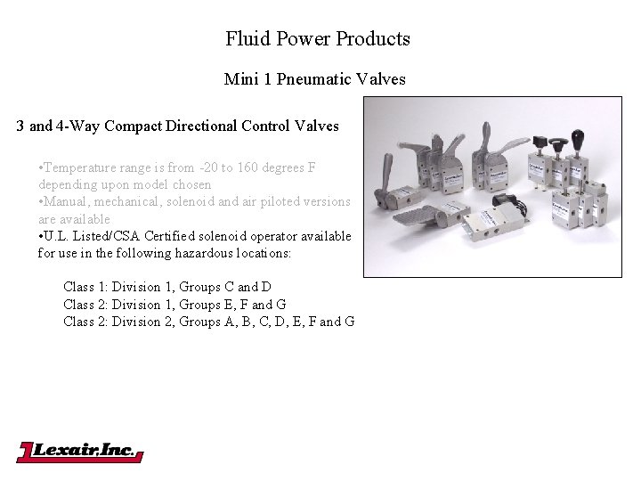 Fluid Power Products Mini 1 Pneumatic Valves 3 and 4 -Way Compact Directional Control