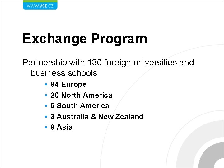 Exchange Program Partnership with 130 foreign universities and business schools • • • 94