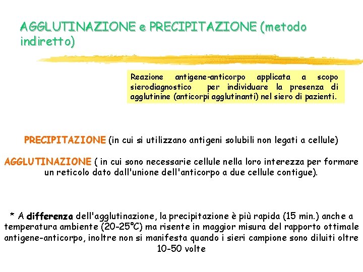 AGGLUTINAZIONE e PRECIPITAZIONE (metodo indiretto) Reazione antigene-anticorpo applicata a scopo sierodiagnostico per individuare la AGGLUTINAZIONE e PRECIPITAZIONE (metodo indiretto) Reazione antigene-anticorpo applicata a scopo sierodiagnostico per individuare la