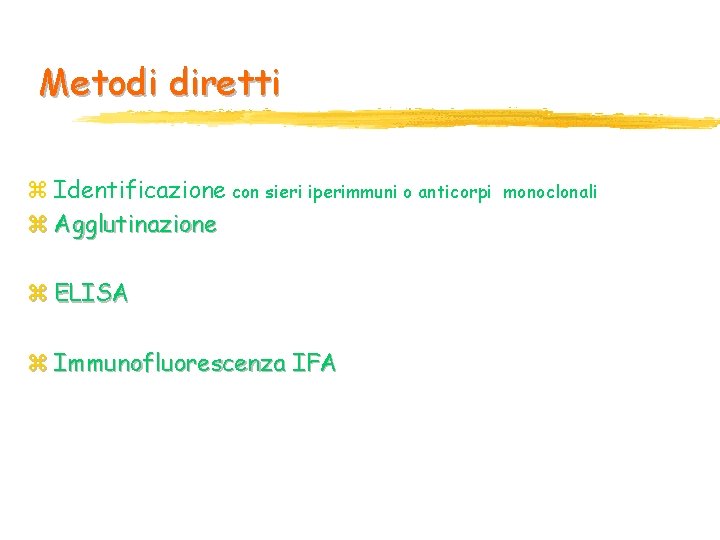 Metodi diretti z Identificazione con sieri iperimmuni o anticorpi z Agglutinazione z ELISA z Metodi diretti z Identificazione con sieri iperimmuni o anticorpi z Agglutinazione z ELISA z