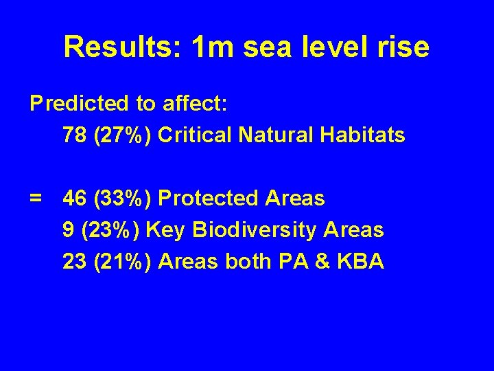 Results: 1 m sea level rise Predicted to affect: 78 (27%) Critical Natural Habitats