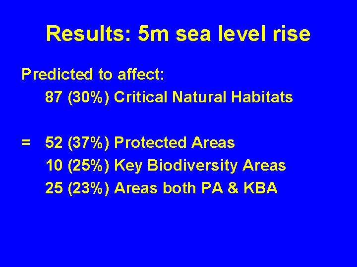 Results: 5 m sea level rise Predicted to affect: 87 (30%) Critical Natural Habitats