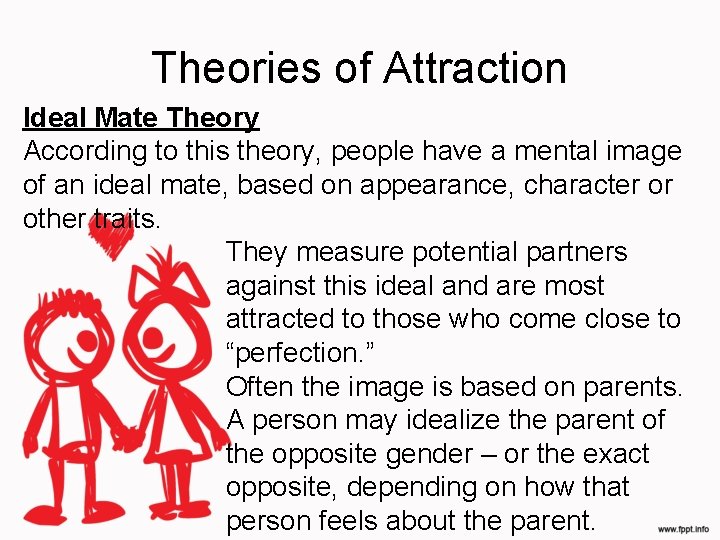 Theories of Attraction Ideal Mate Theory According to this theory, people have a mental