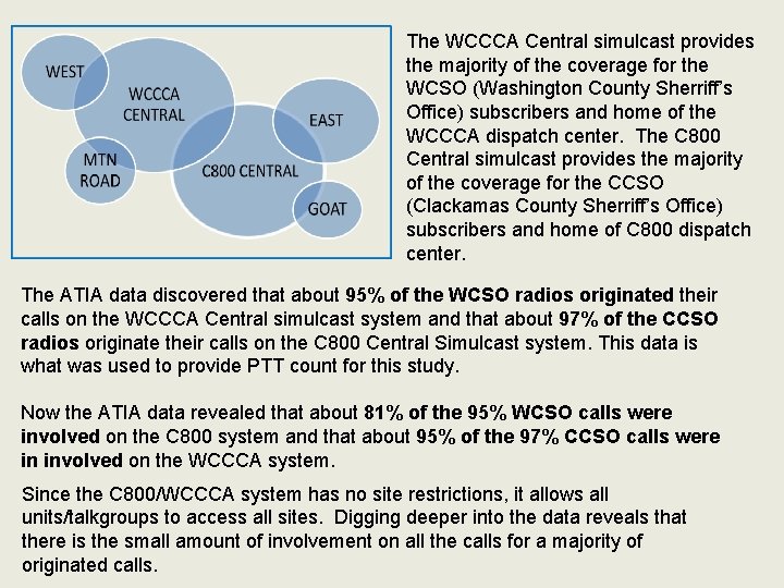 The WCCCA Central simulcast provides the majority of the coverage for the WCSO (Washington