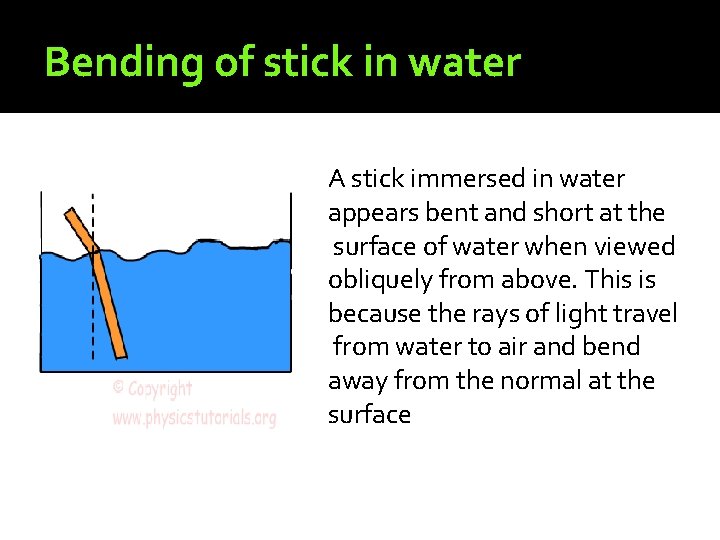 Bending of stick in water A stick immersed in water appears bent and short