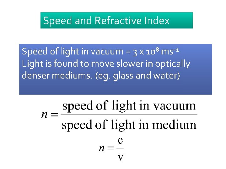 Speed and Refractive Index Speed of light in vacuum = 3 x 108 ms-1