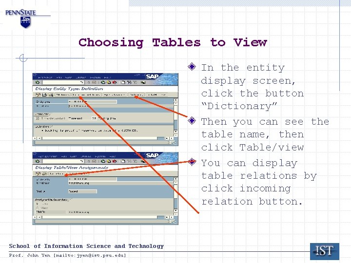 Choosing Tables to View In the entity display screen, click the button “Dictionary” Then