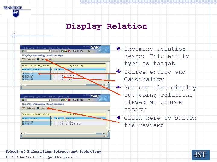 Display Relation Incoming relation means: This entity type as target Source entity and Cardinality