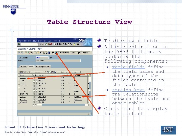 Table Structure View To display a table A table definition in the ABAP Dictionary