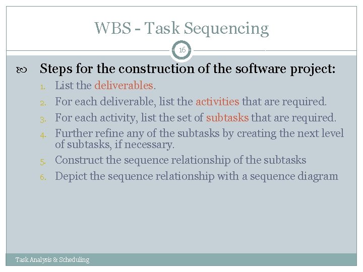 WBS - Task Sequencing 16 Steps for the construction of the software project: 1. WBS - Task Sequencing 16 Steps for the construction of the software project: 1.